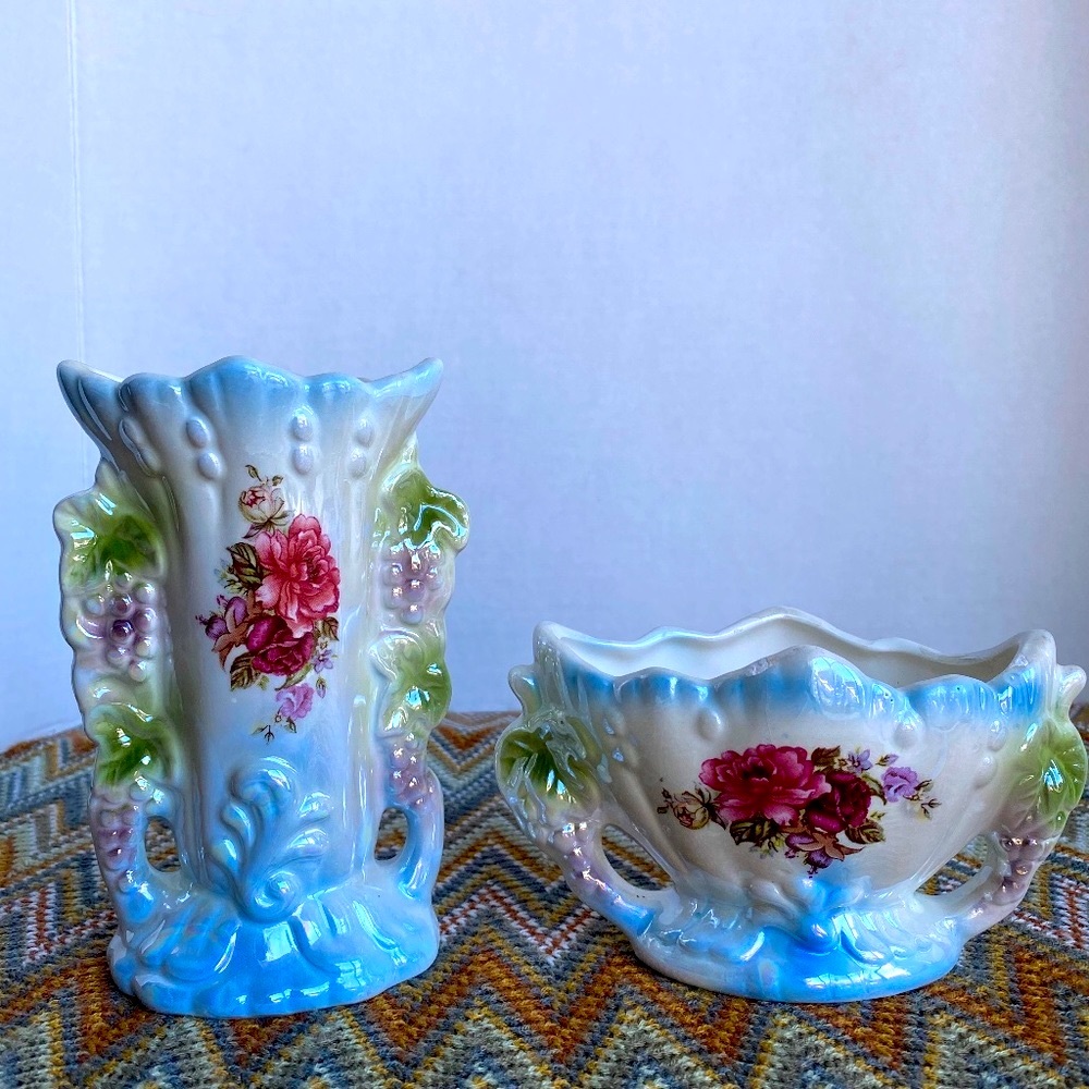 Vintage Lusterware Floral Vases Romantic Victorian Cottagecore